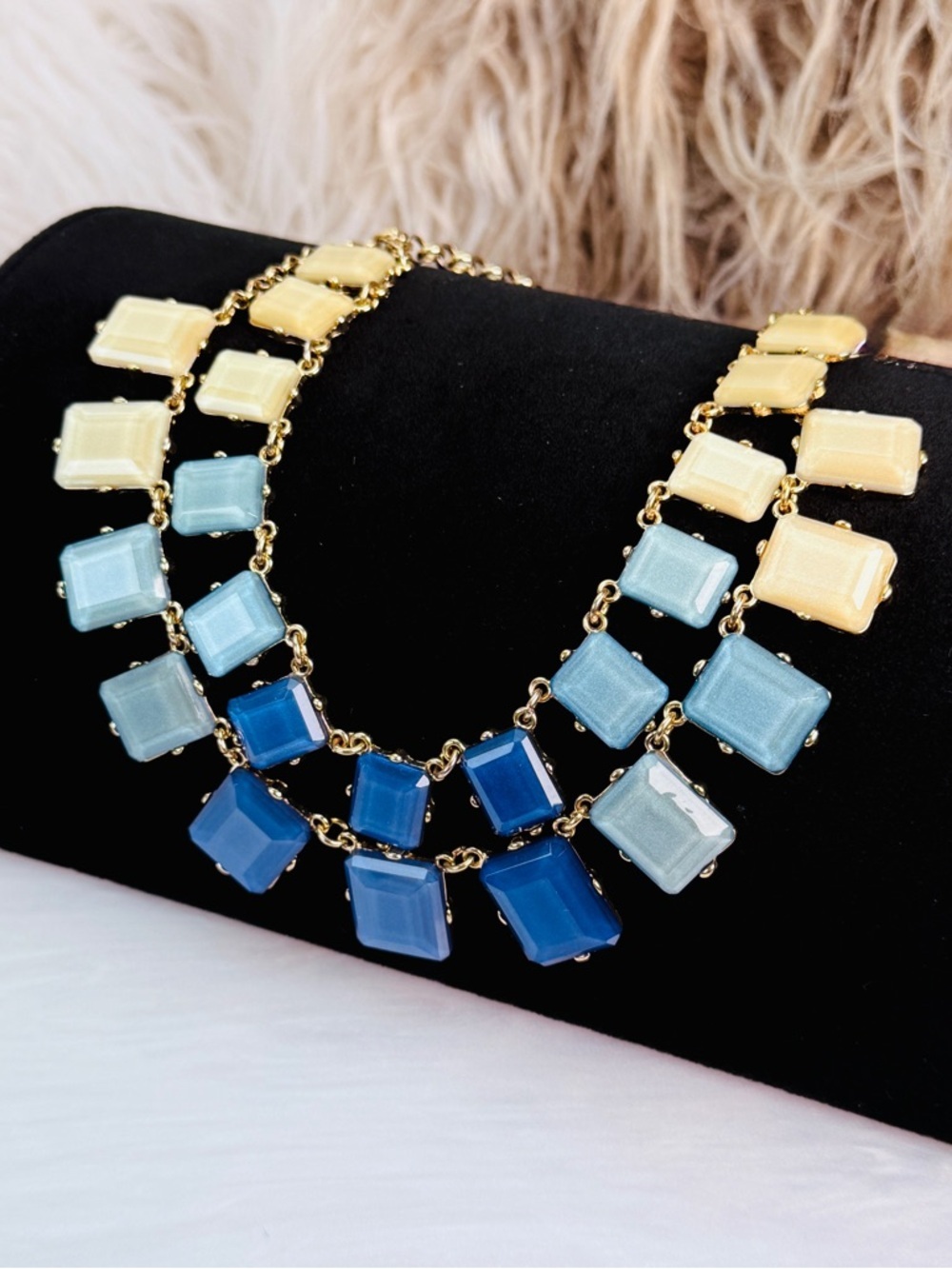 Beautiful signed Natasha goldtone blue statement necklace